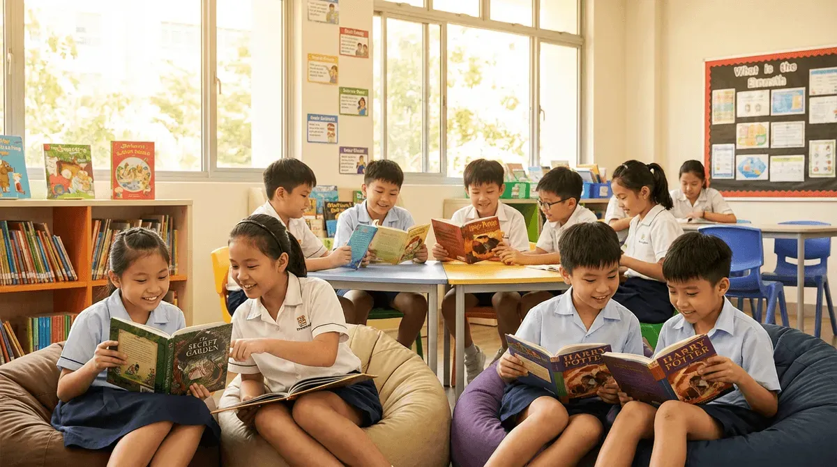 A primary school pupil working through an English comprehension exercise