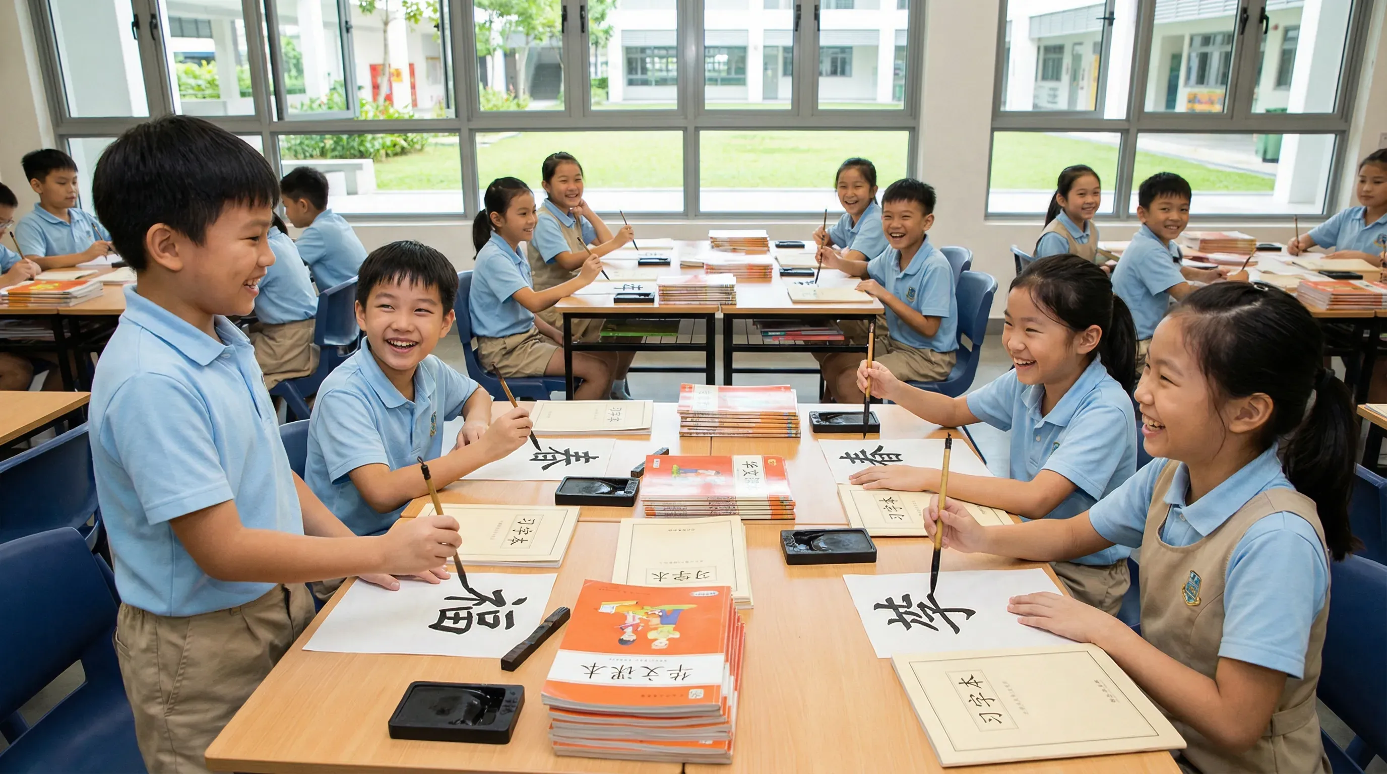 A pupil practising Chinese characters during an online lesson